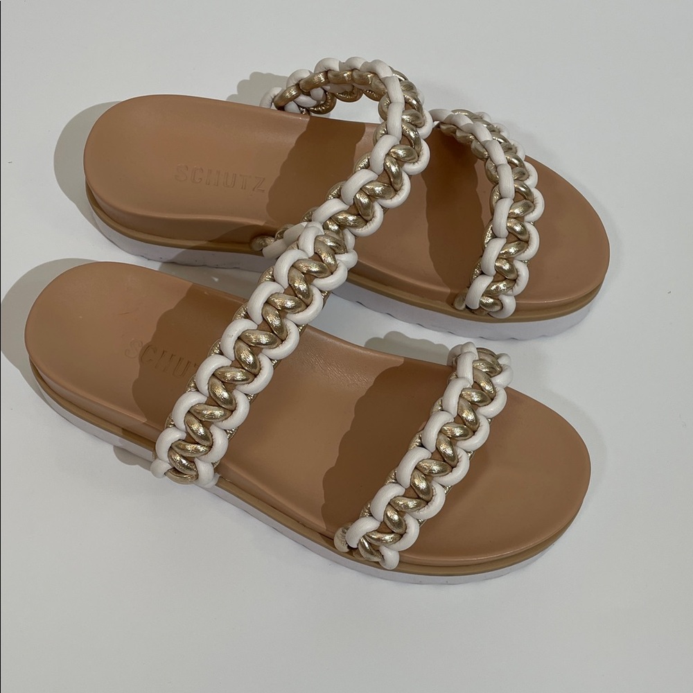 NWT Schutz Juliet Sport Slide White Gold Braided Slip On Size 9.5